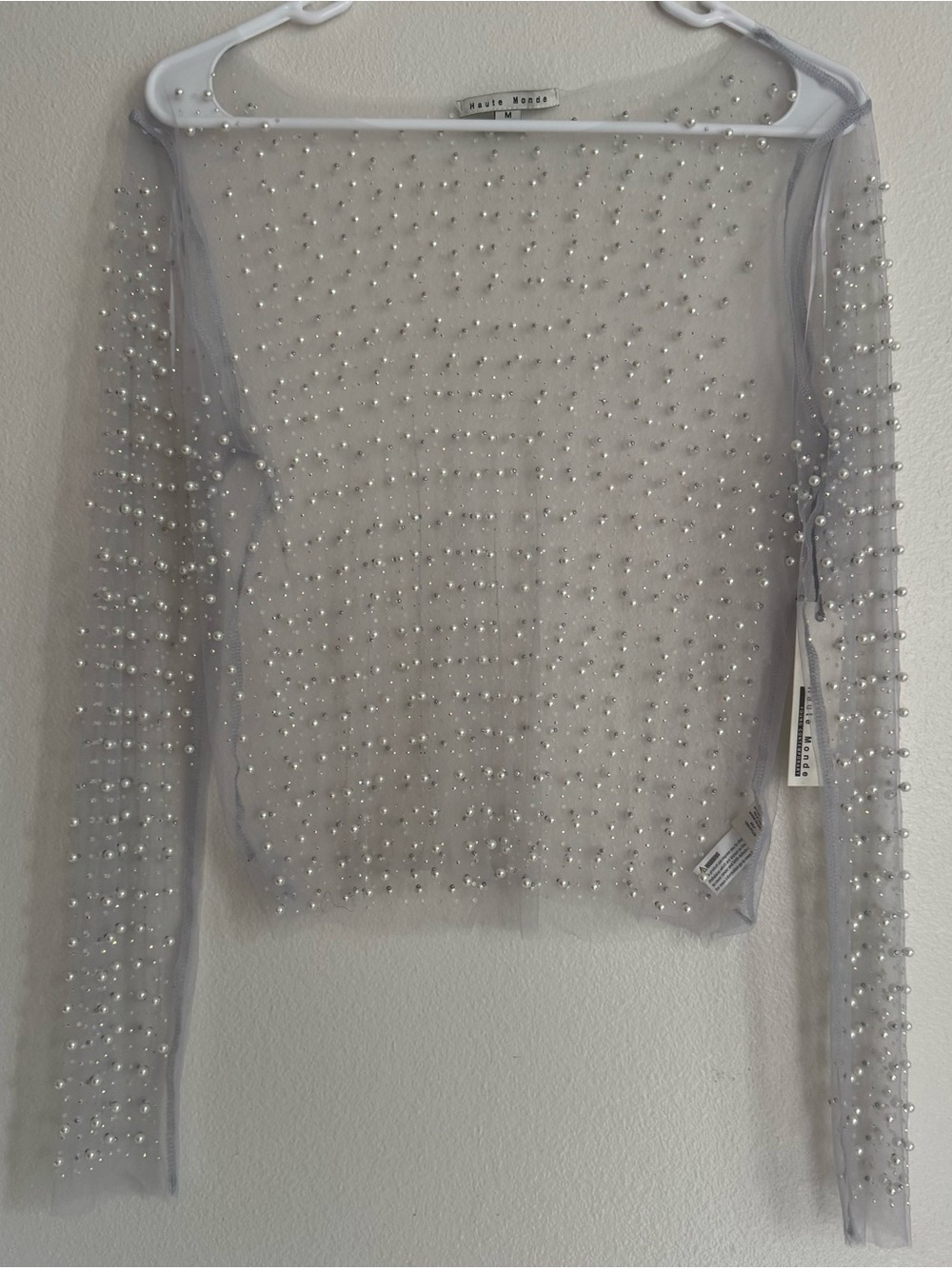 Haute Monde Sheer Embellished Long-Sleeve Top in Light Gray with Pearls